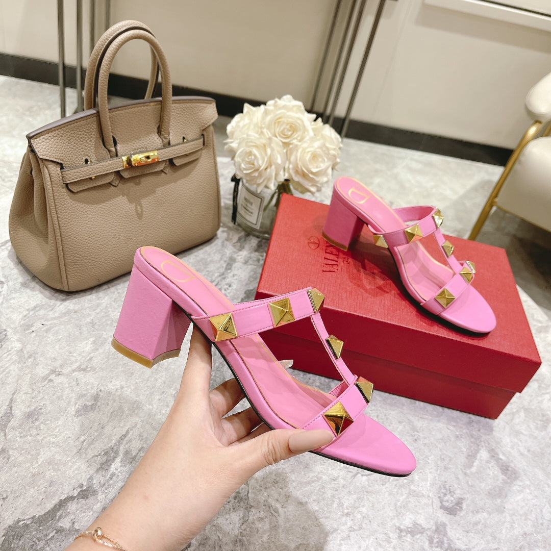 ROMAN STUD BRIGHT PINK CALFSKIN SLIDE SANDAL 60 MM
