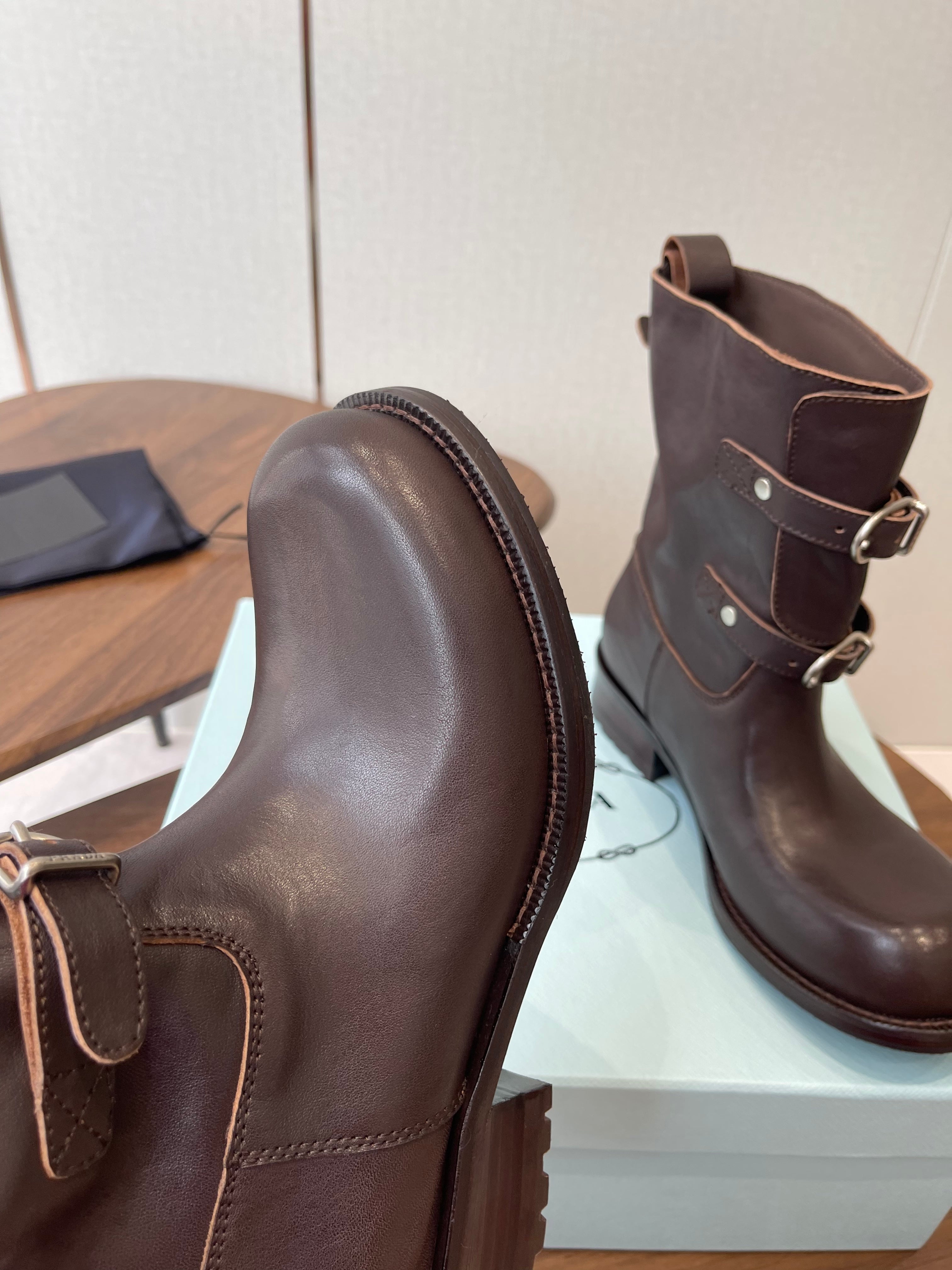 PRADA 25S TWO-BUTTON COWBOY BOOTS IN RK BROWN CALFSKIN WITH SILVER HARDWARE