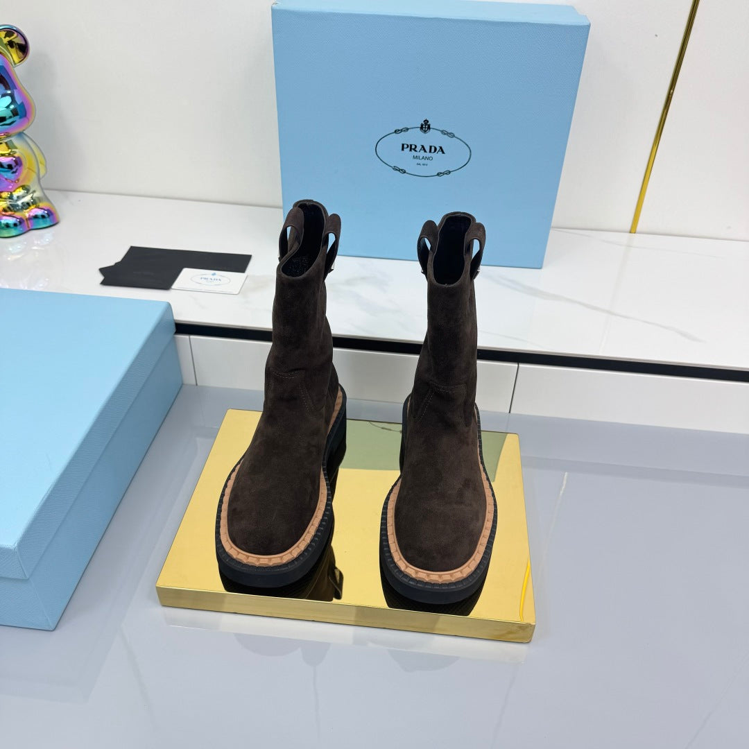 PRADA 25S HIGH MARTIN BOOTS 50MM IN RK BROWN SUEDE
