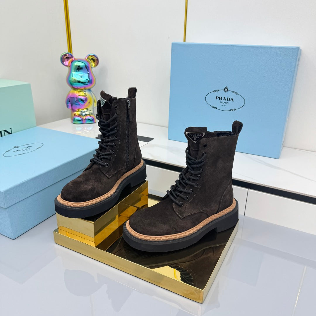 PRADA 25S LONG THICK SOLED MARTIN BOOTS 50MM IN RK BROWN SUEDE