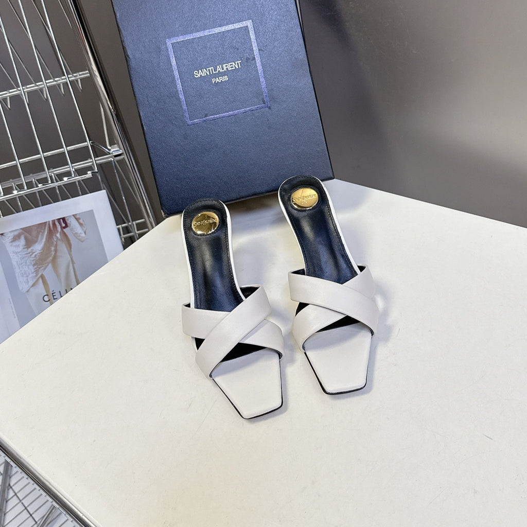 YSL 25S JILL MULES 75MM IN WHITE SMOOTH CALFSKIN