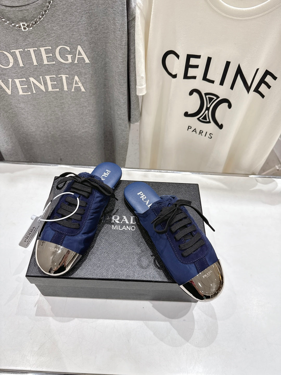 PRADA 25S MULES IN RK BLUE WITH METAL TOECAP