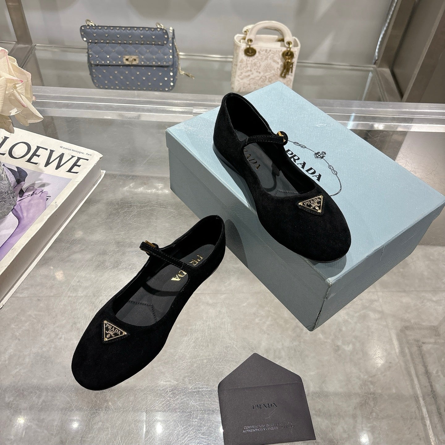 PRADA 25S MARY JANE BALLETS IN BLACK SUEDE