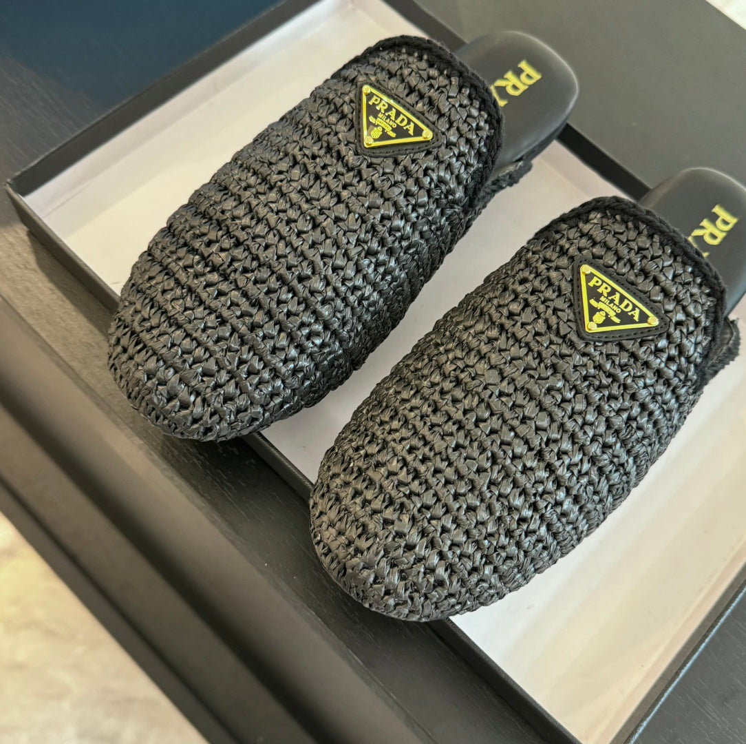 PRADA CROCHET MULES BLACK LAMBSKIN