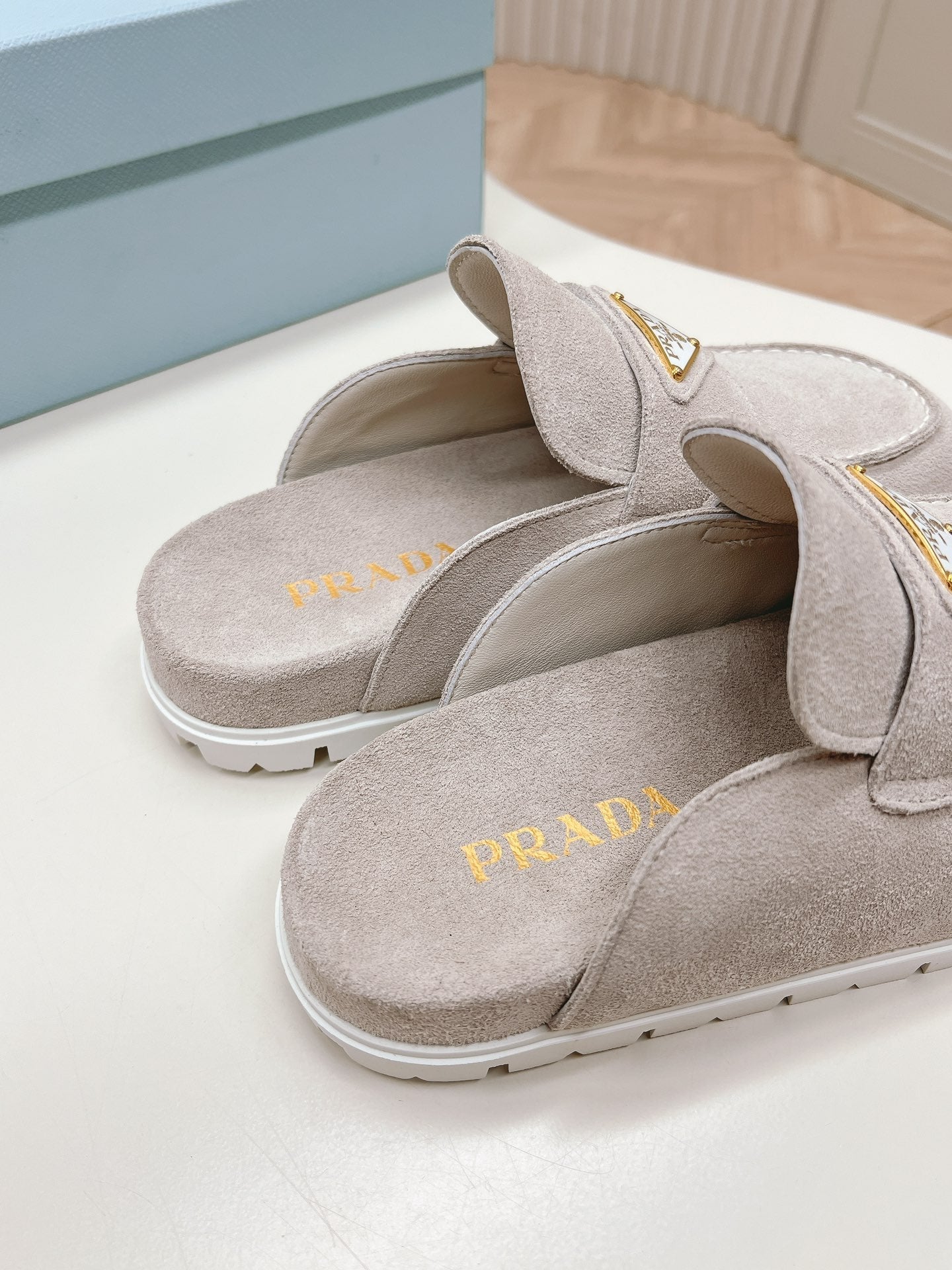 PRADA SABOTS MULES LIGHT GRAY SUEDE