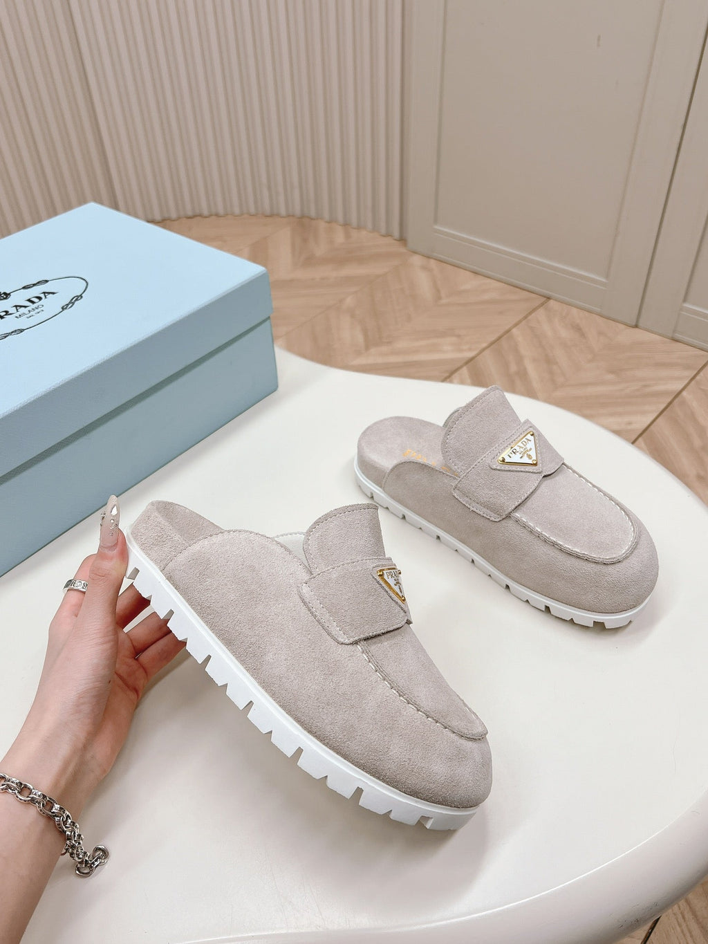 PRADA SABOTS MULES LIGHT GRAY SUEDE