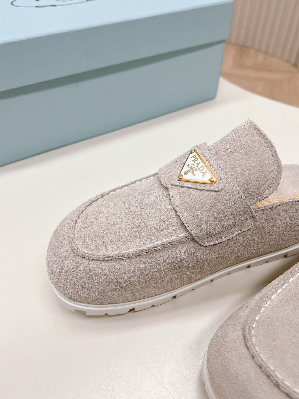 PRADA SABOTS MULES LIGHT GRAY SUEDE