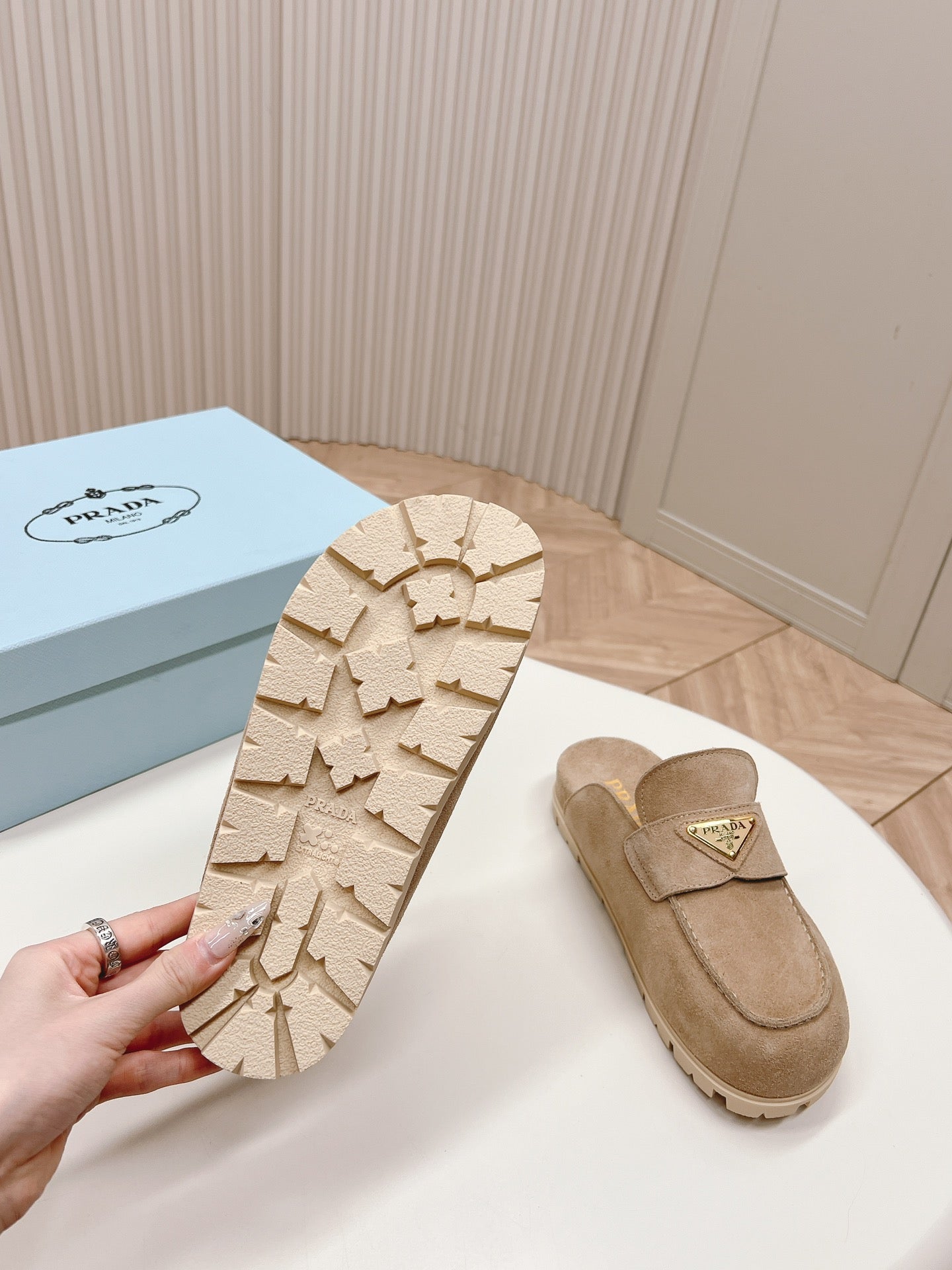 PRADA SABOTS MULES LIGHT BROWN SUEDE