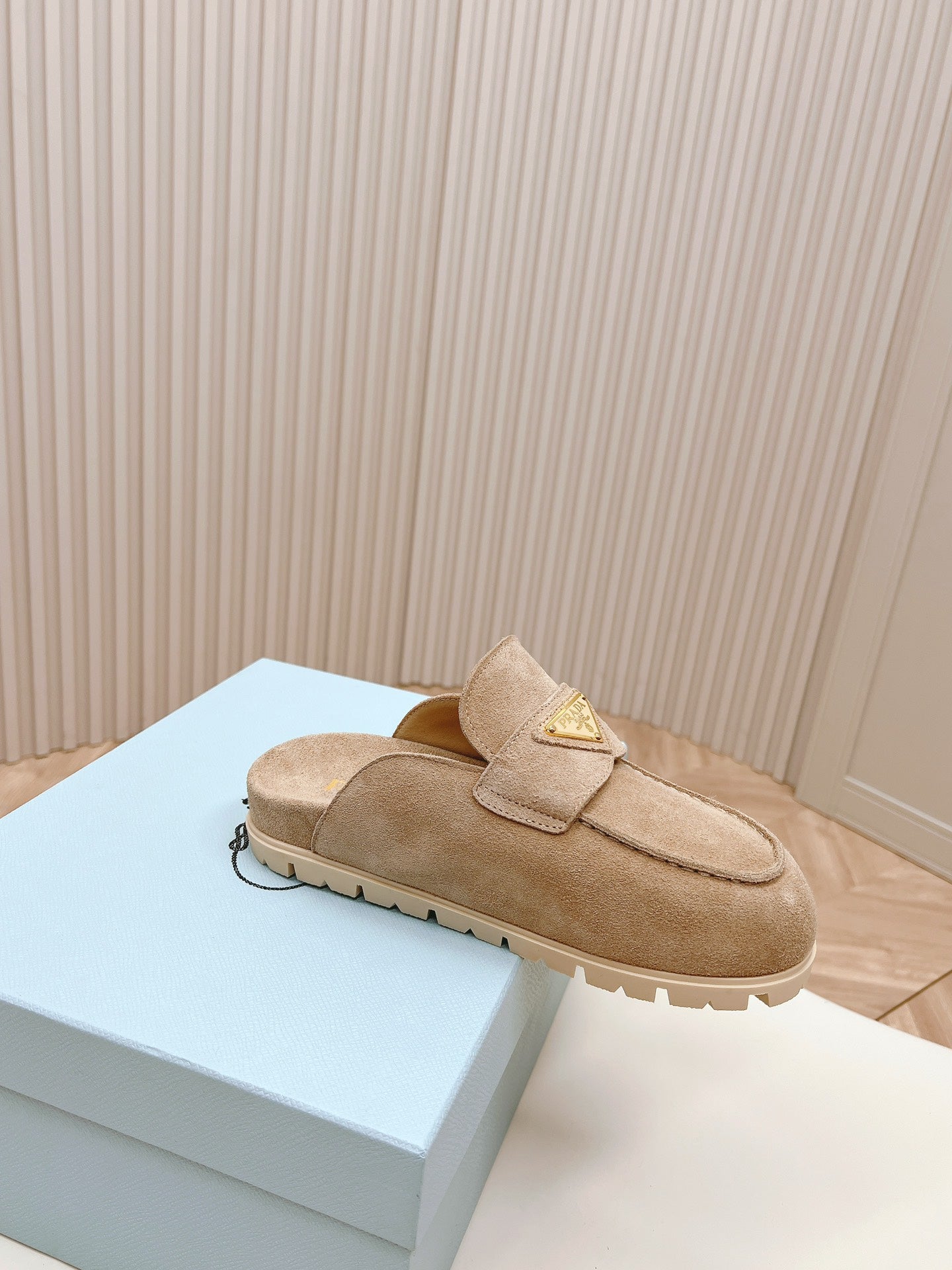 PRADA SABOTS MULES LIGHT BROWN SUEDE