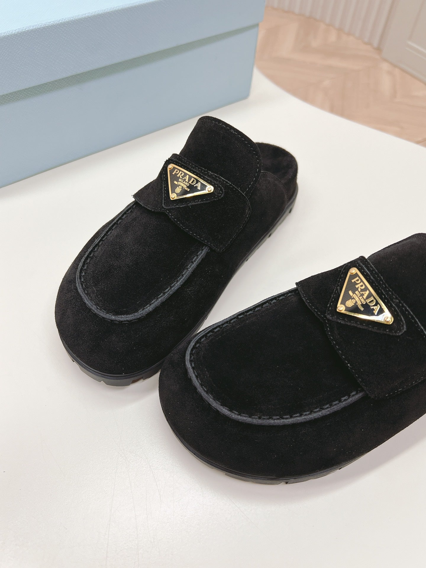 PRADA SABOTS MULES BLACK SUEDE