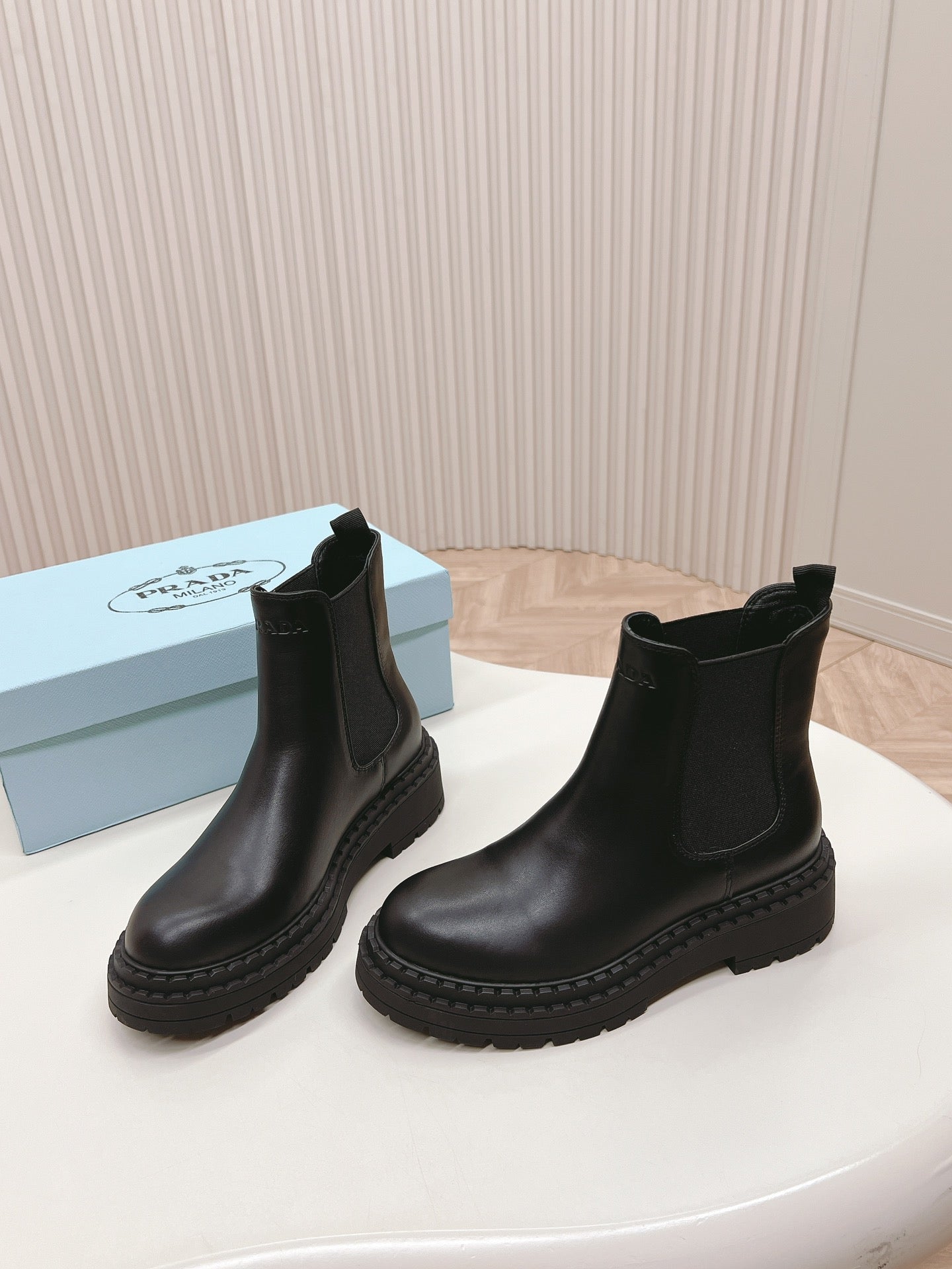 PRADA BRUSHED BOOTIES BLACK CALFSKIN