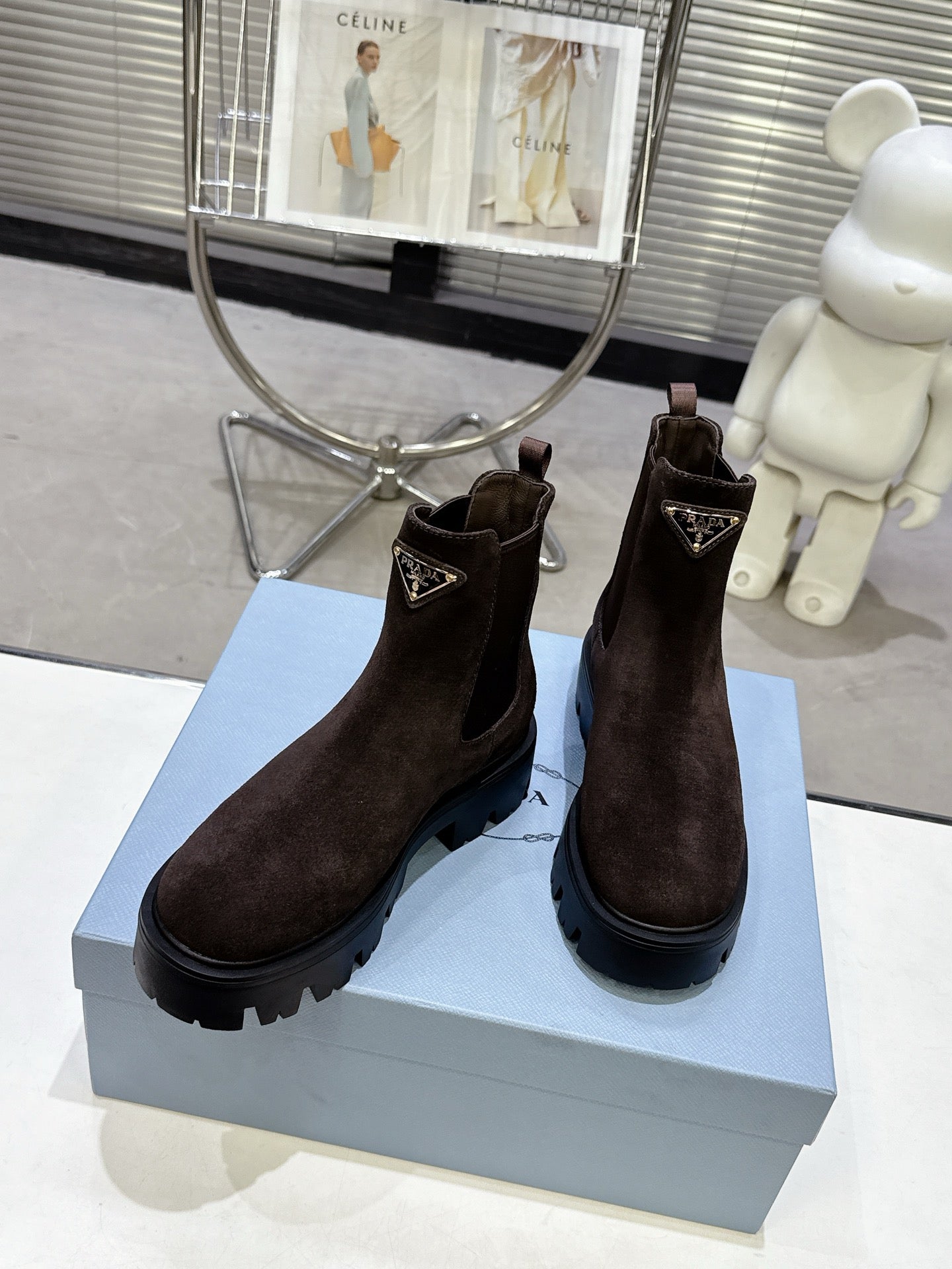 PRADA 25S RETRO PLATFORM MARTIN ANKLE BOOTS IN RK BROWN SUEDE