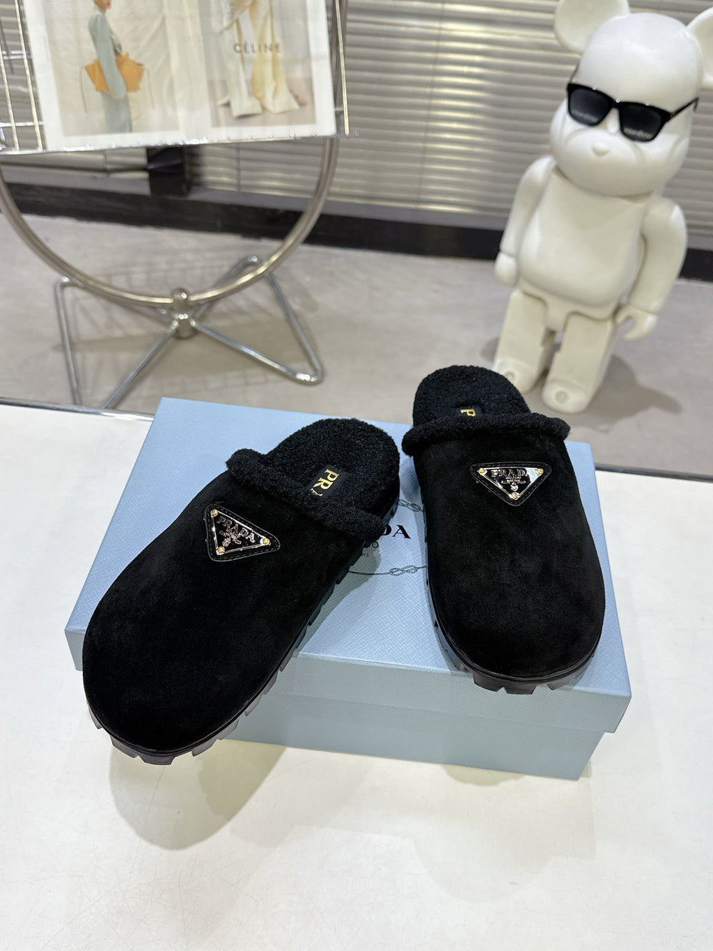 PRADA 25S FUR-LINED SABOT MULES IN BLACK SUEDE