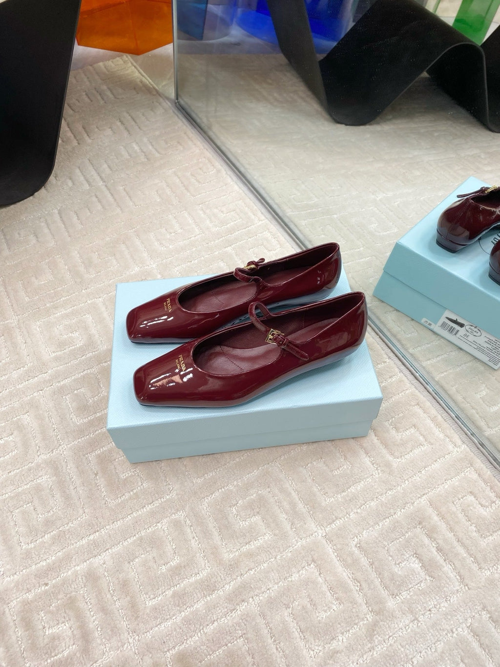 PRADA MARY JANE FLATS SQUARE TOE IN BURGUNDY RED PATENT SHEEPSKIN