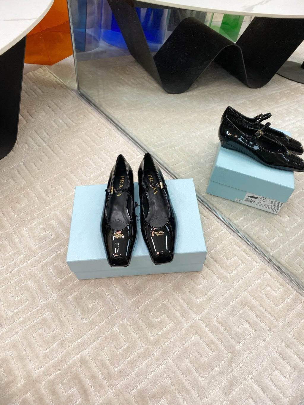 PRADA MARY JANE FLATS SQUARE TOE IN BLACK PATENT SHEEPSKIN