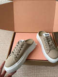 WASH SNEAKER MULES IN DARK BEIGE DENIM STRIPED LACES