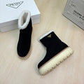 PRADA SUEDE BOOTS BLACK WITH SHEARLING LINING AND RUBBER FLATFORM SOLE