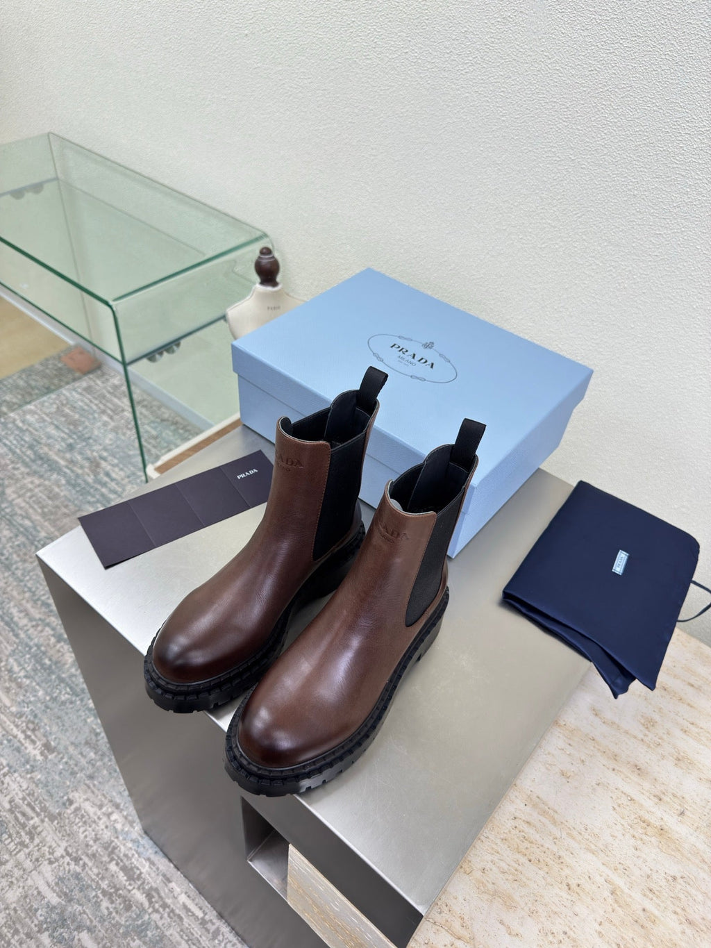 PRADA 25S PLATFORM CHELSEA BOOTS IN RK BROWN CALFSKIN