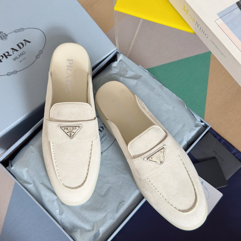 PRADA Pra White Suede Leather Mule 25mm Rubber Sole