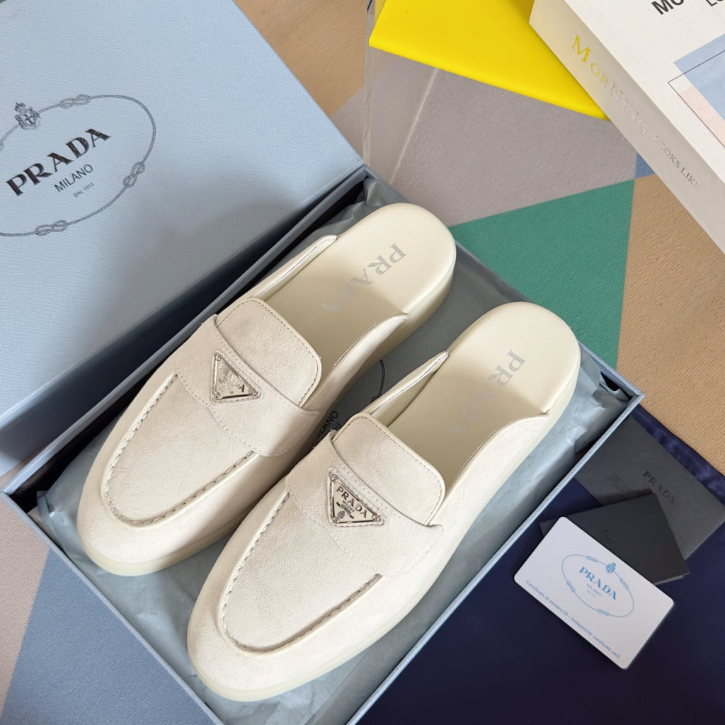 PRADA Pra White Suede Leather Mule 25mm Rubber Sole