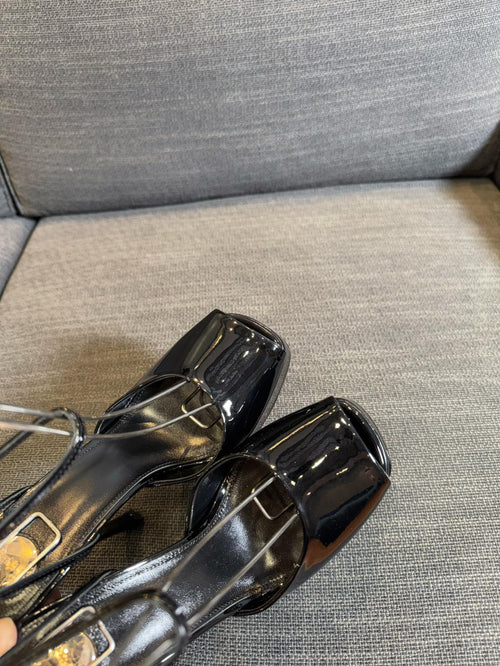 LA SCANDALE PLATFORM SANDALS IN BLACK GLOSSY CALFSKIN