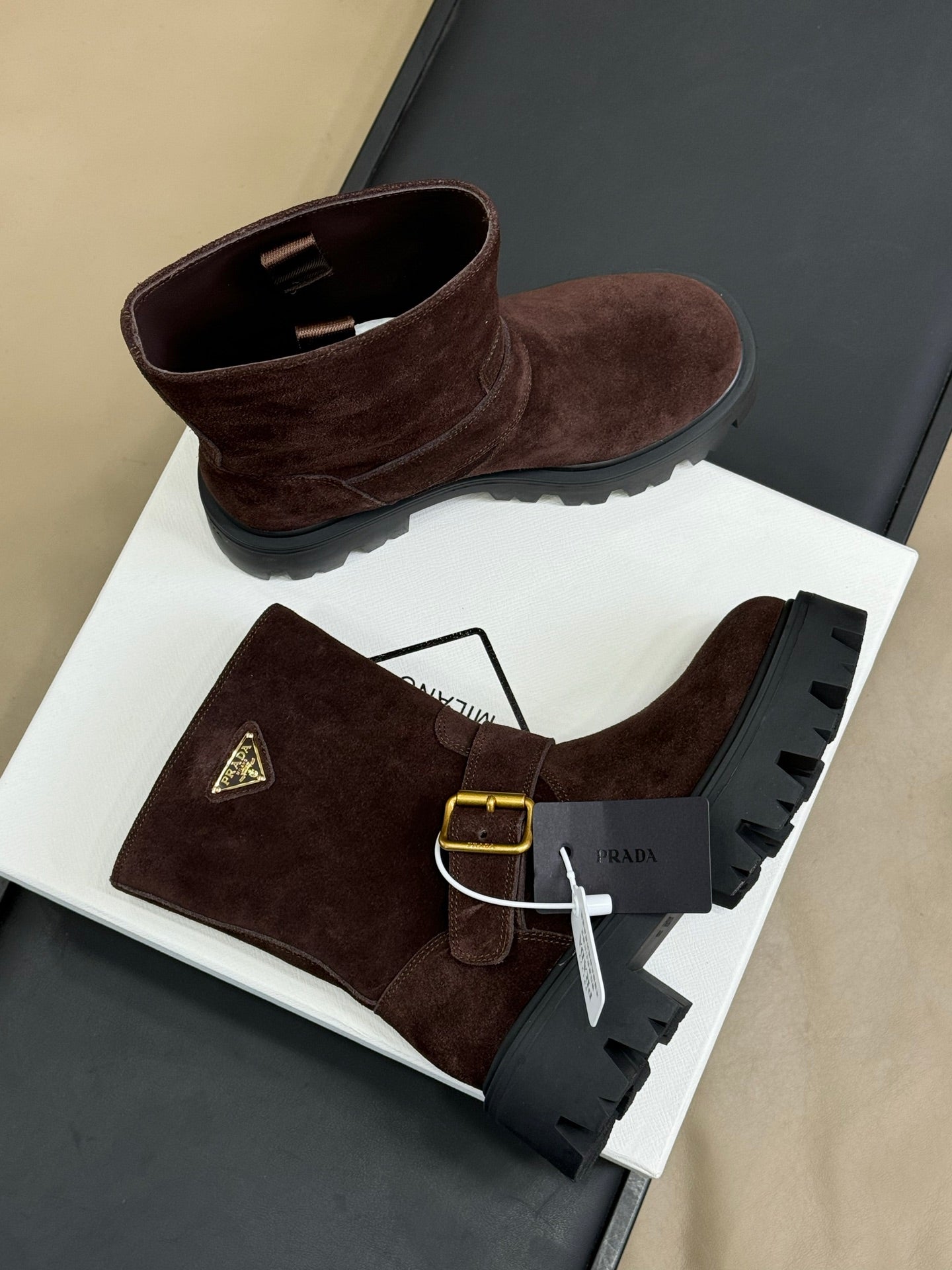 PRADA 25S PLATFORM ANKLE BOOTS IN RK BROWN SUEDE WITH GOLD HARDWARE