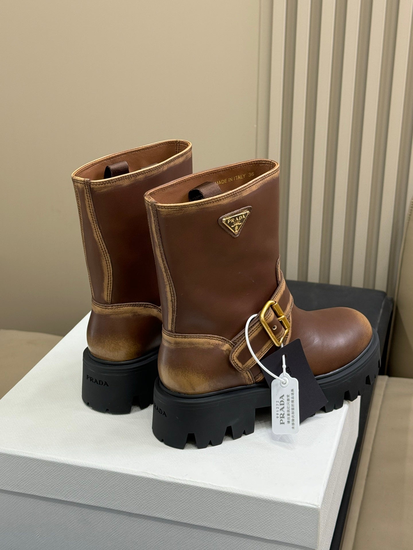 PRADA 25S PLATFORM ANKLE BOOTS IN RK BROWN CALFSKIN WITH GOLD HARDWARE