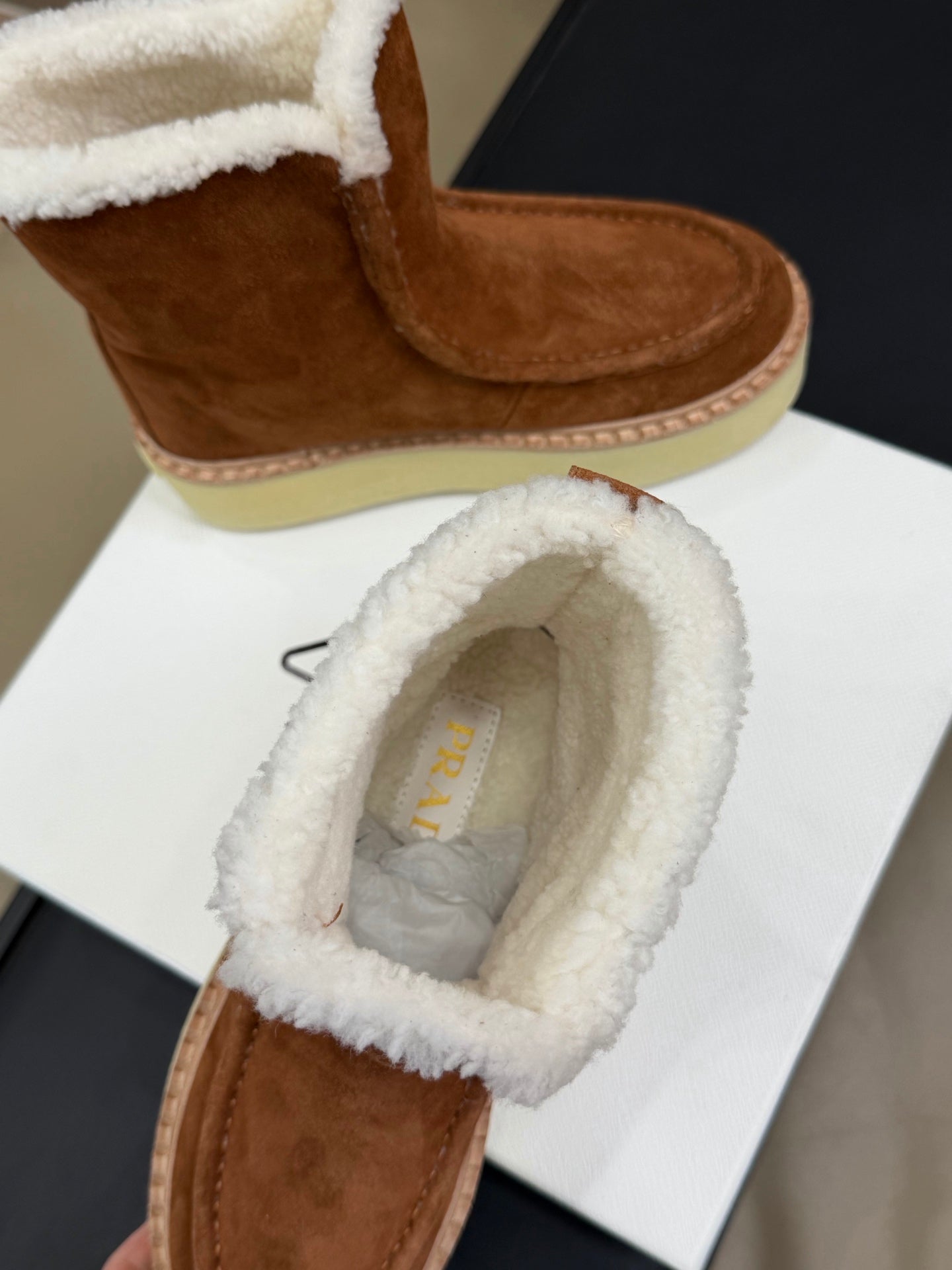 PRADA 25S PLATFORM ANKLE BOOTS 40 MM IN RK BROWN SUEDE SHEARLING-LINED