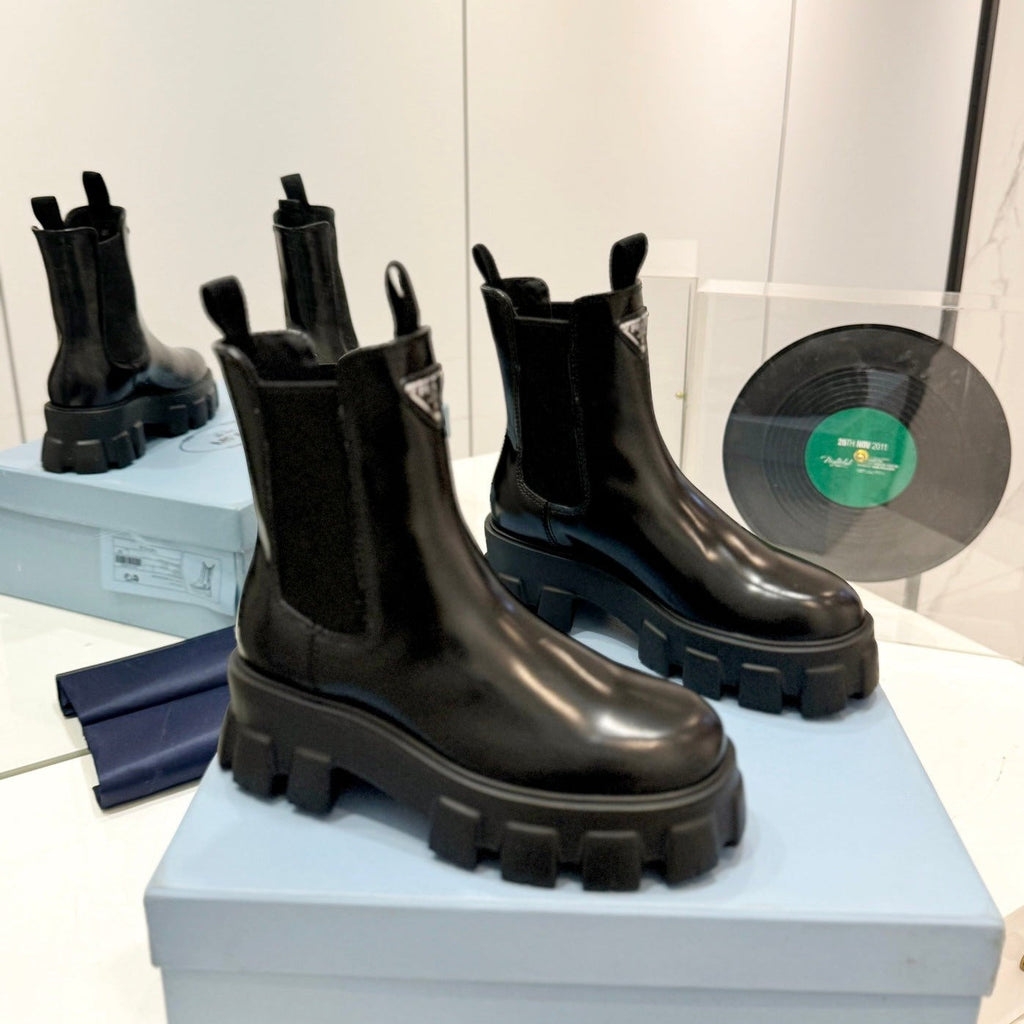 PRADA MONOLITH BRUSHED LEATHER BOOTIES BLACK