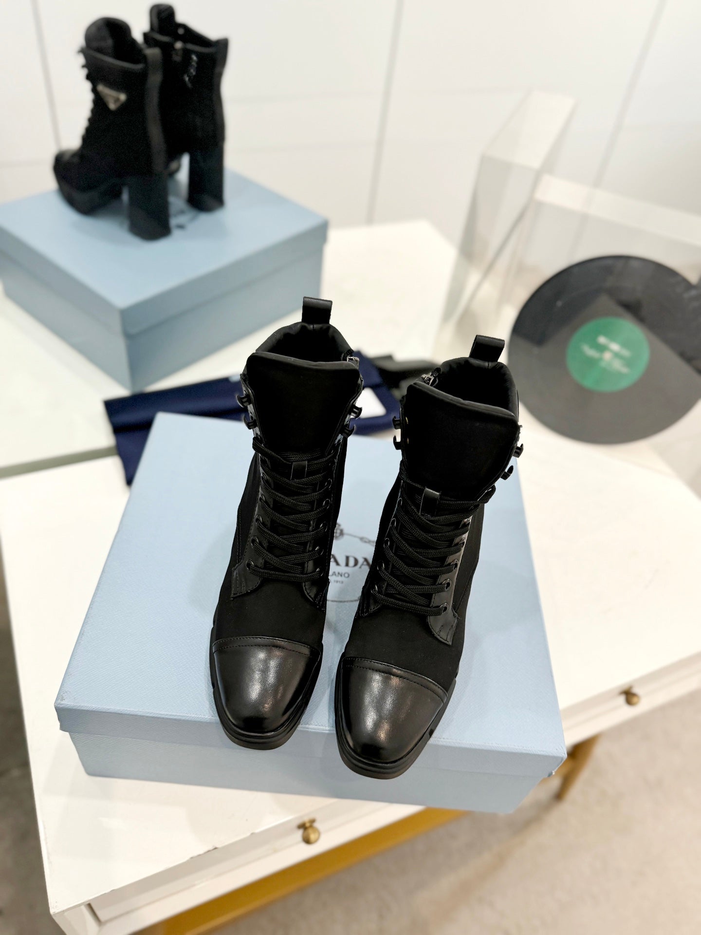 PRADA RE-NYLON AND LEATHER BOOTIES BLACK