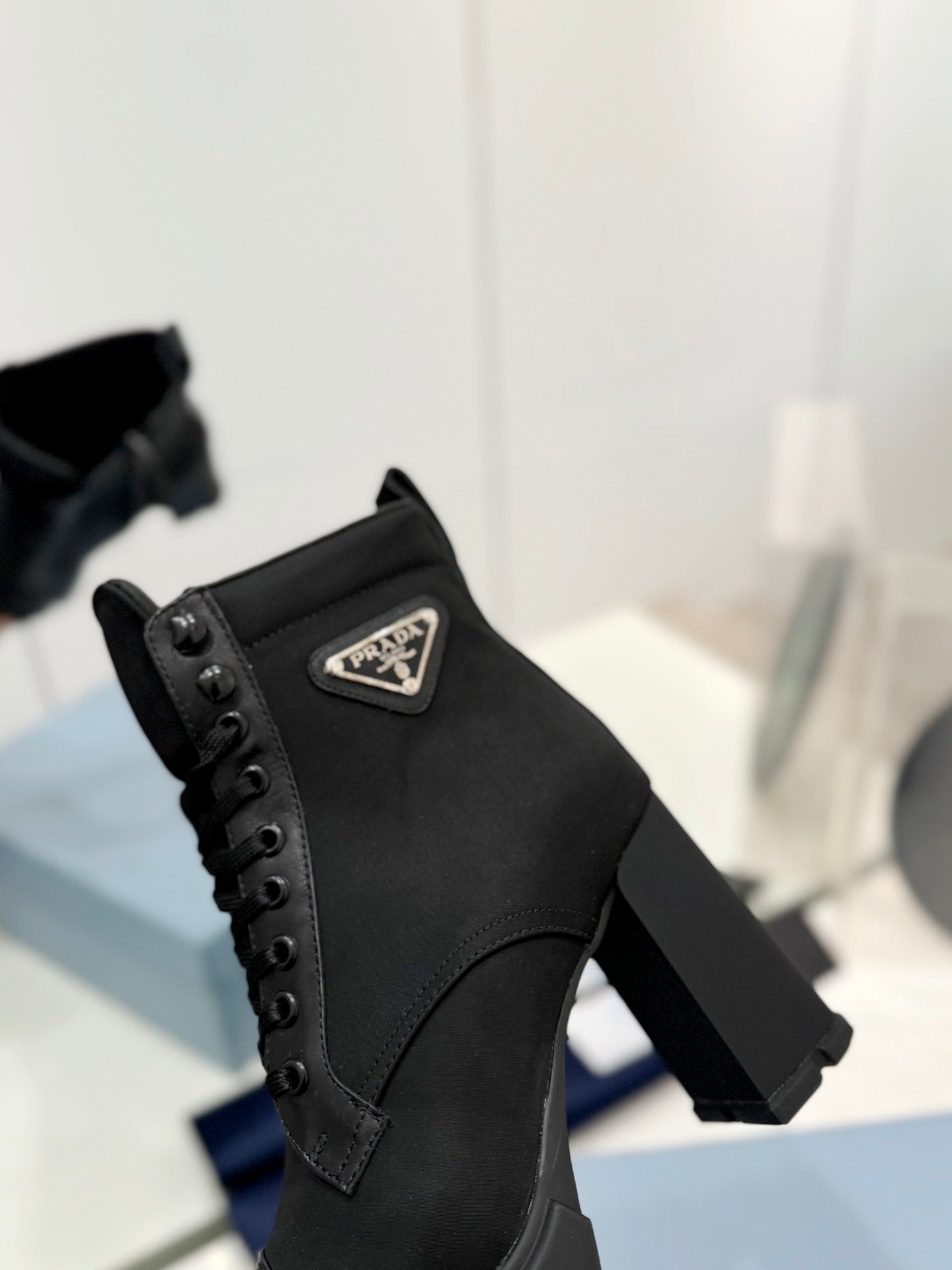 PRADA RE-NYLON AND LEATHER BOOTIES BLACK