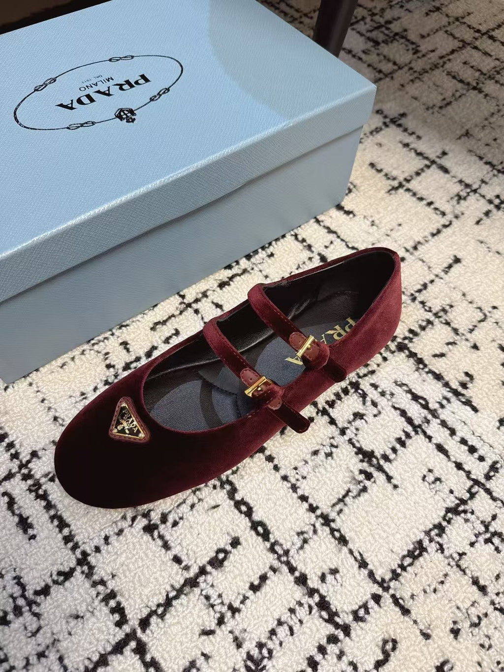 PRADA MARY JANE FLAT WITH TRIANGLE LOGO IN SANGRIA RED VELVET