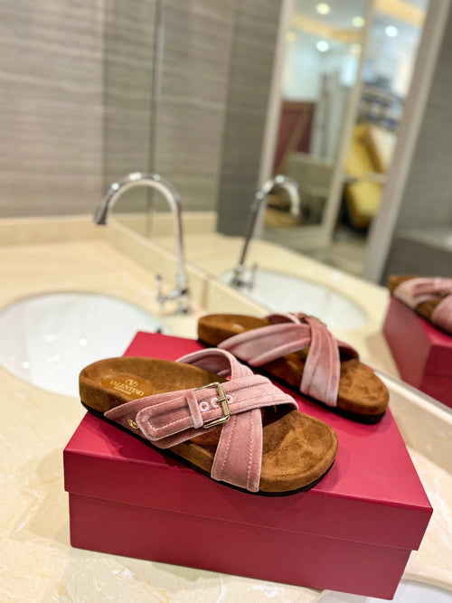 FUSSFRIEND CREPE PINK SILK VELVET SLIDE SANDALS